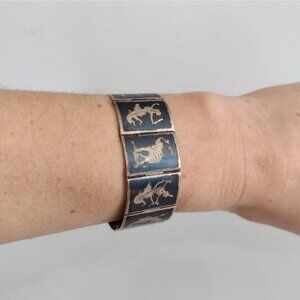 Vtg Siamese Sterling Silver Etched Link Panel Bracelet Niello Dancers Elephants